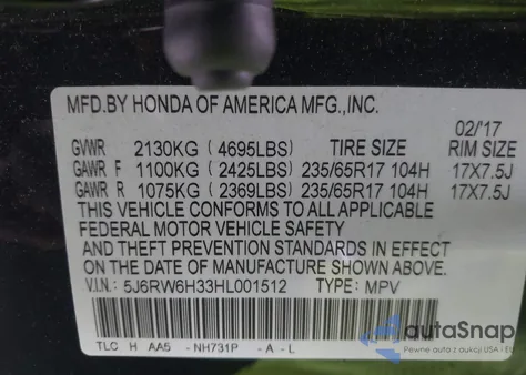 2017 Honda Cr-V Lx from USA, damaged, VIN 5J6RW6H33HL001512